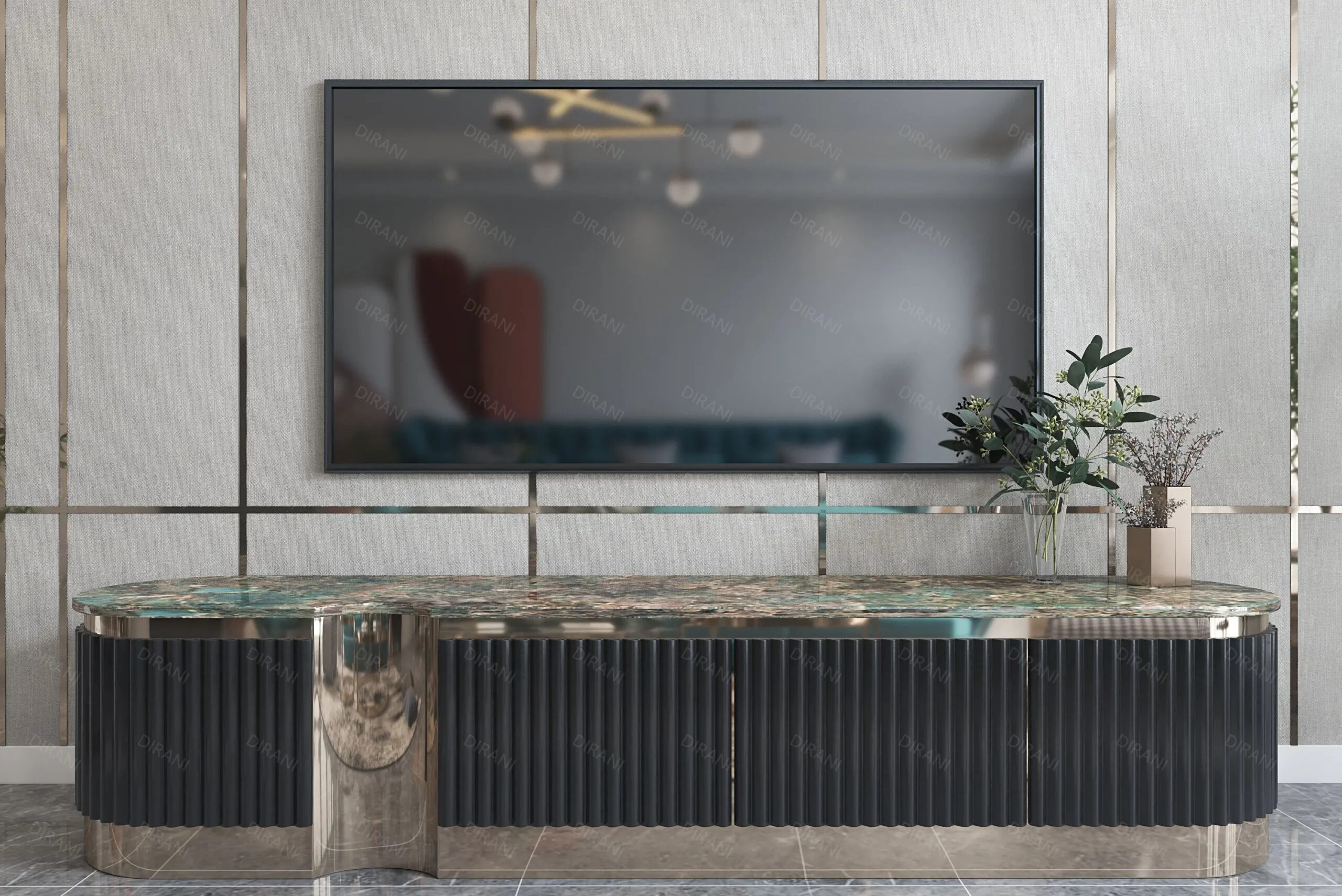 A sleek TV stand with a marble top, adding a touch of modernity to the room's decor.